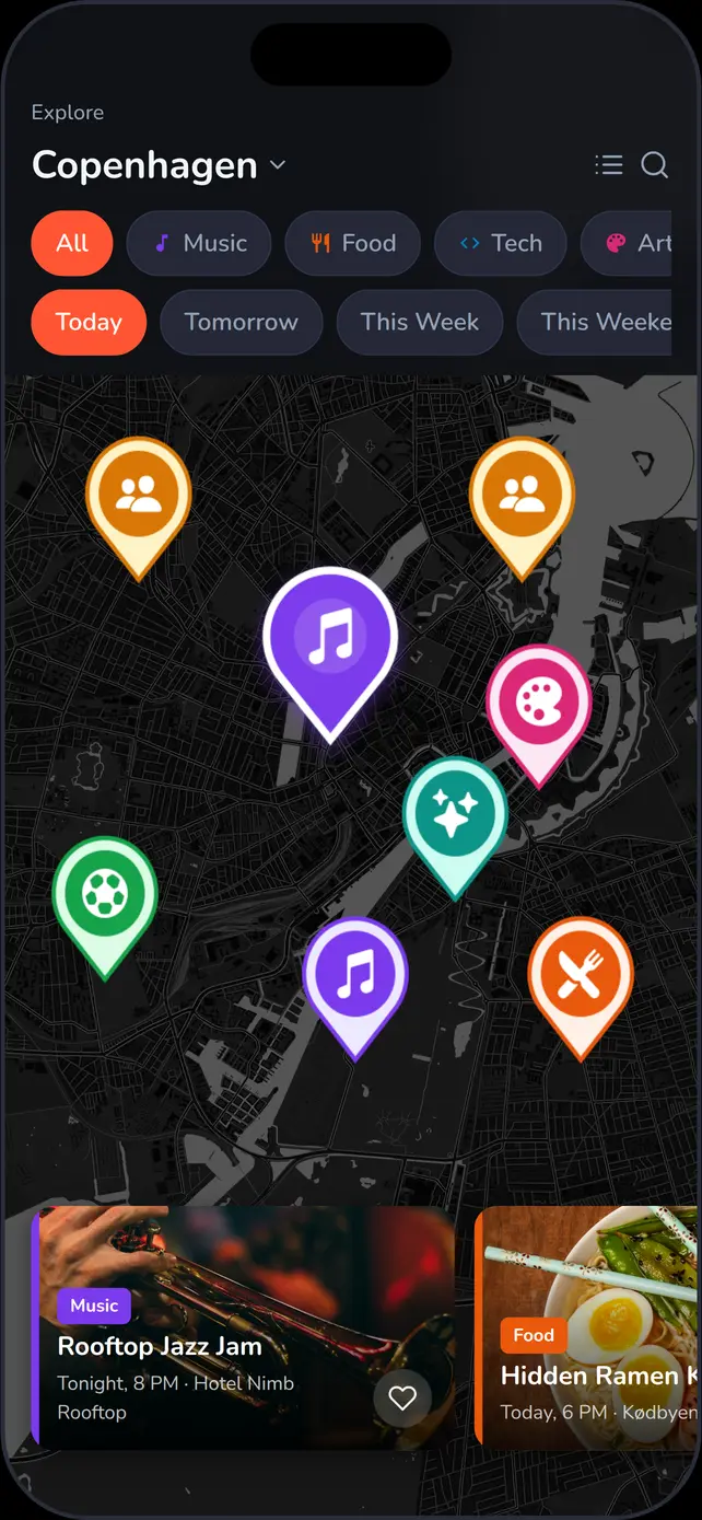 Planits kortvisning med kategorimarkører og arrangementskort